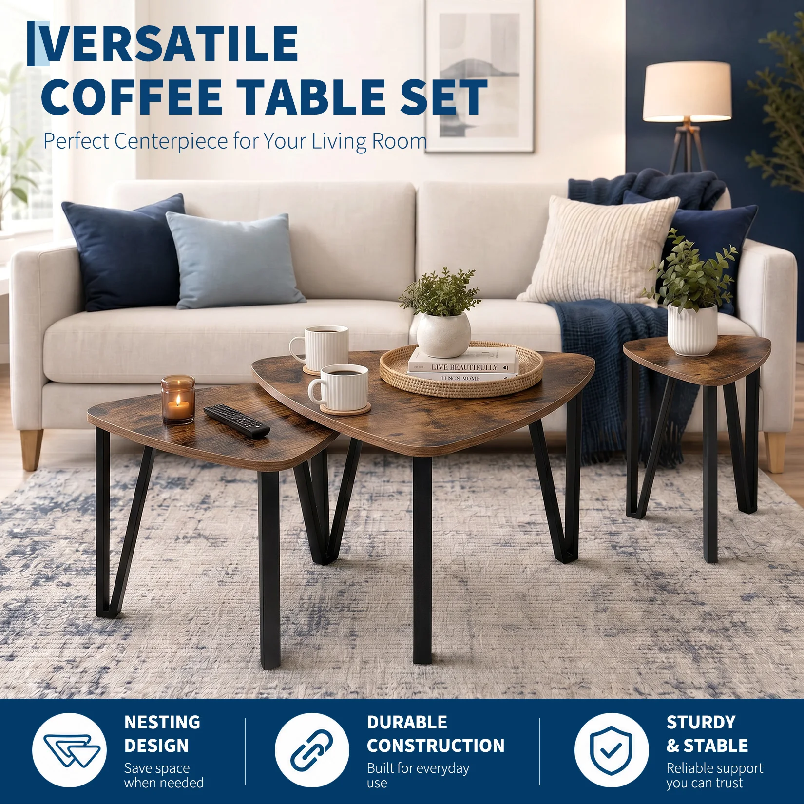 Set of 3 Triangle Nesting Coffee Tables, Industrial Stacking Side Tables with Black Metal Frame&Melamine Particle Board,Rustic Brown Multi Size Nestable Accent End Tables for Living Room Bedroom