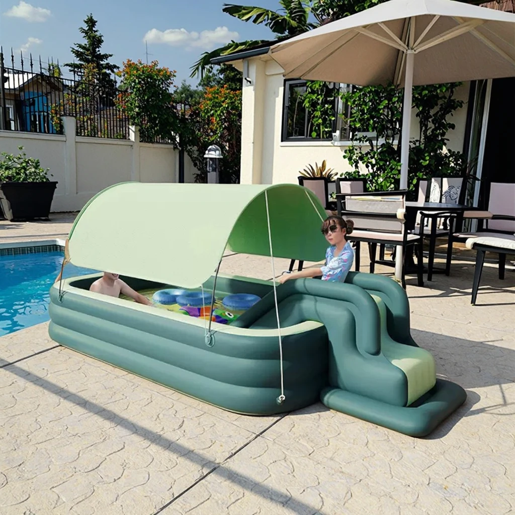 Factory Wholesale High Quality Inflatable Swimming Pool Set with Slide, Awning and Wired Inflation Pump