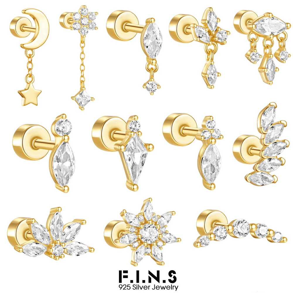 F.I.N.S 1PC S925 Sterling Silver Geometric Cubic Zirconia Thread Puncture Ear Bone Earrings Stacked Catilage Studs Fine Jewelry