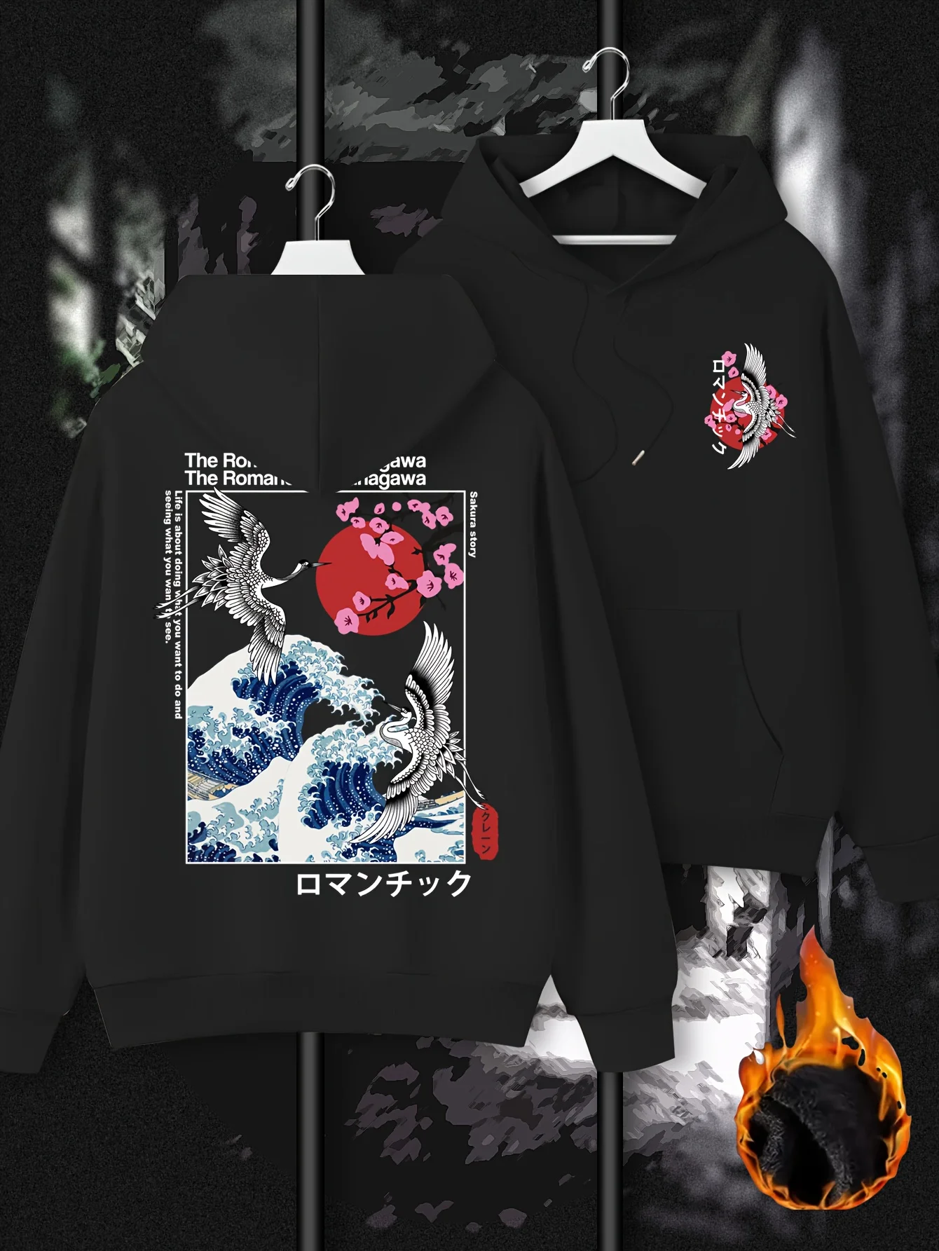 اليابان Ukiyoe ساكورا وموجة كبيرة كاناغاوا طباعة الرجال النساء مقنعين البلوز الخريف الشتاء اللياقة البدنية اليومية ملابس رياضية فضفاضة دافئة غير رسمية #5