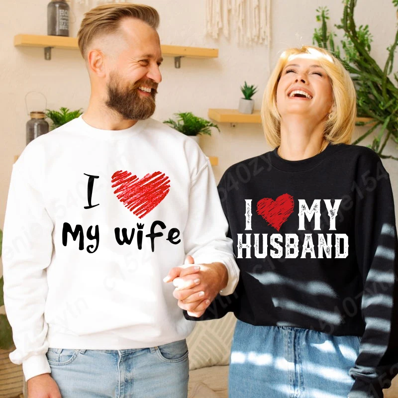 

I Love My Wife I Love My Husband Pullover Matching Couples Sweatshirt His and Her Sweatshirts Casual Long Sleeves Pullovers Tops