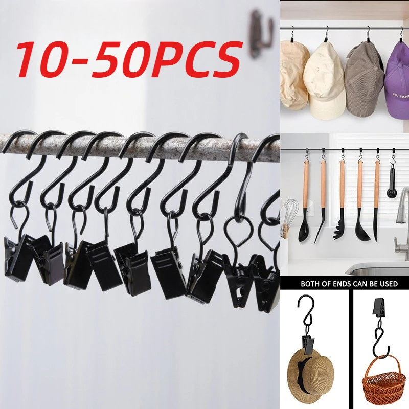 

10-50pcs S Clips Hanger,Iron Multi-functional S-Shaped Hanging Hooks with Clip for Socks Hats Cookware,Black Curtain Hook Clip