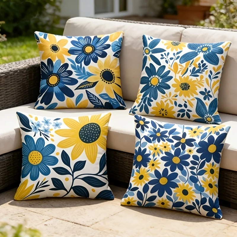 4 Piece Floral Sunflower Throw Pillow Covers Cushion Set Blue Yellow Botanical Pattern Home Decor Accessories for Sofa Couch Liv