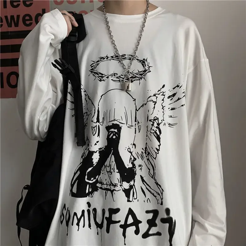 Herren T-Shirt für den Herbst, Langarm-Shirt mit Rundhalsausschnitt, Übergroßes Gothic Dark Academia Y2k T-Shirt, Herren-Oberteil – Detail 10
