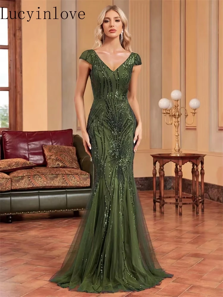 

Lucyinlove Luxury Sleeveless V-neck Sequins Formal Evening Dresses Women Elegant Mermaid Party Maxi Prom Arabia Cocktail Gowns