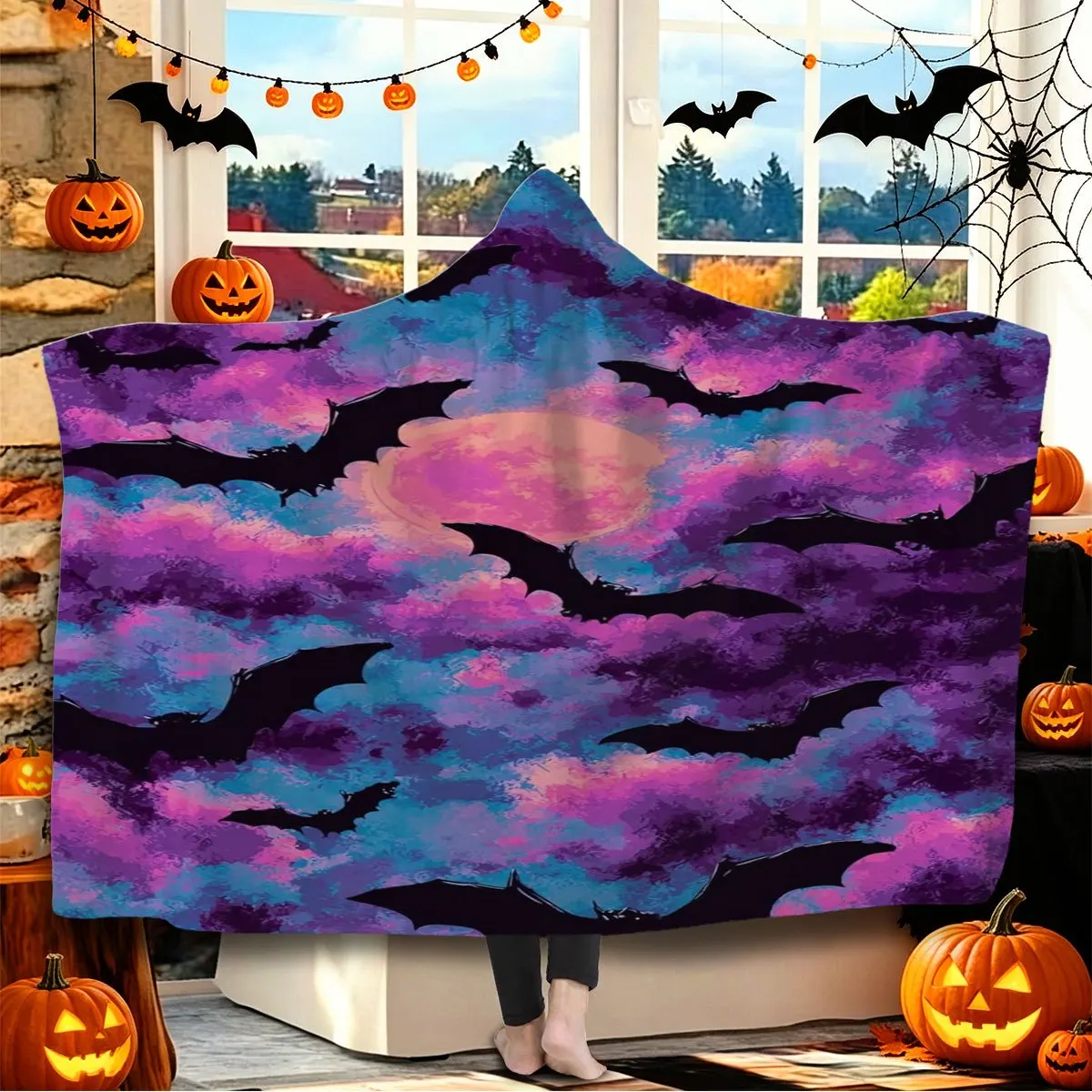Laser Purple-Blue Starry Sky Bat Halloween Themed Flannel Hooded Blanket, Wearable Blanket, Halloween Home Decor Blanket