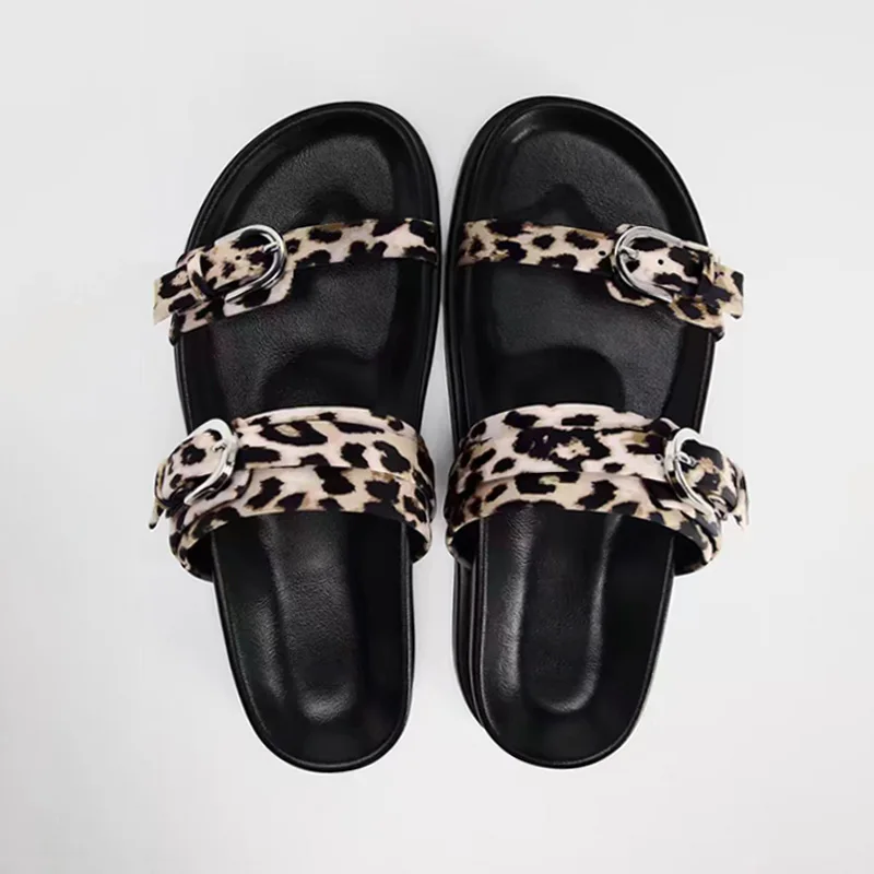 TRAF Leopard Print Flatform Slippers Outdoor Buckle Straps Upper Thick Sole Flat Sandals Women Chic Round Head Open Toe Shoes