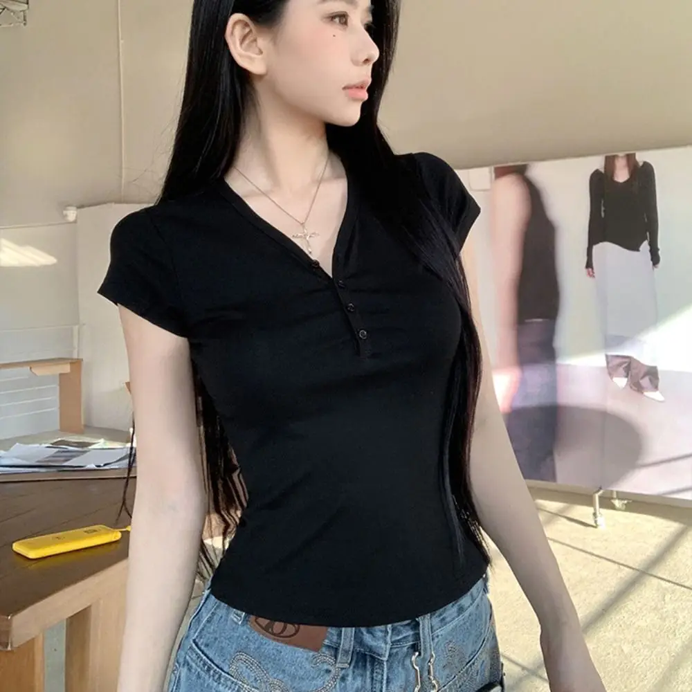 

Korean Style Slim Fit Short Sleeve T-shirt Button Solid Color Crop Top Women Chic Simple V-neck Tees Top Girls