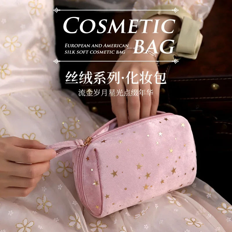 Bolsa de cosméticos con decoración de estrellas para mujer, bolsa de almacenamiento de maquillaje de terciopelo suave, bolsa de viaje, paquete de