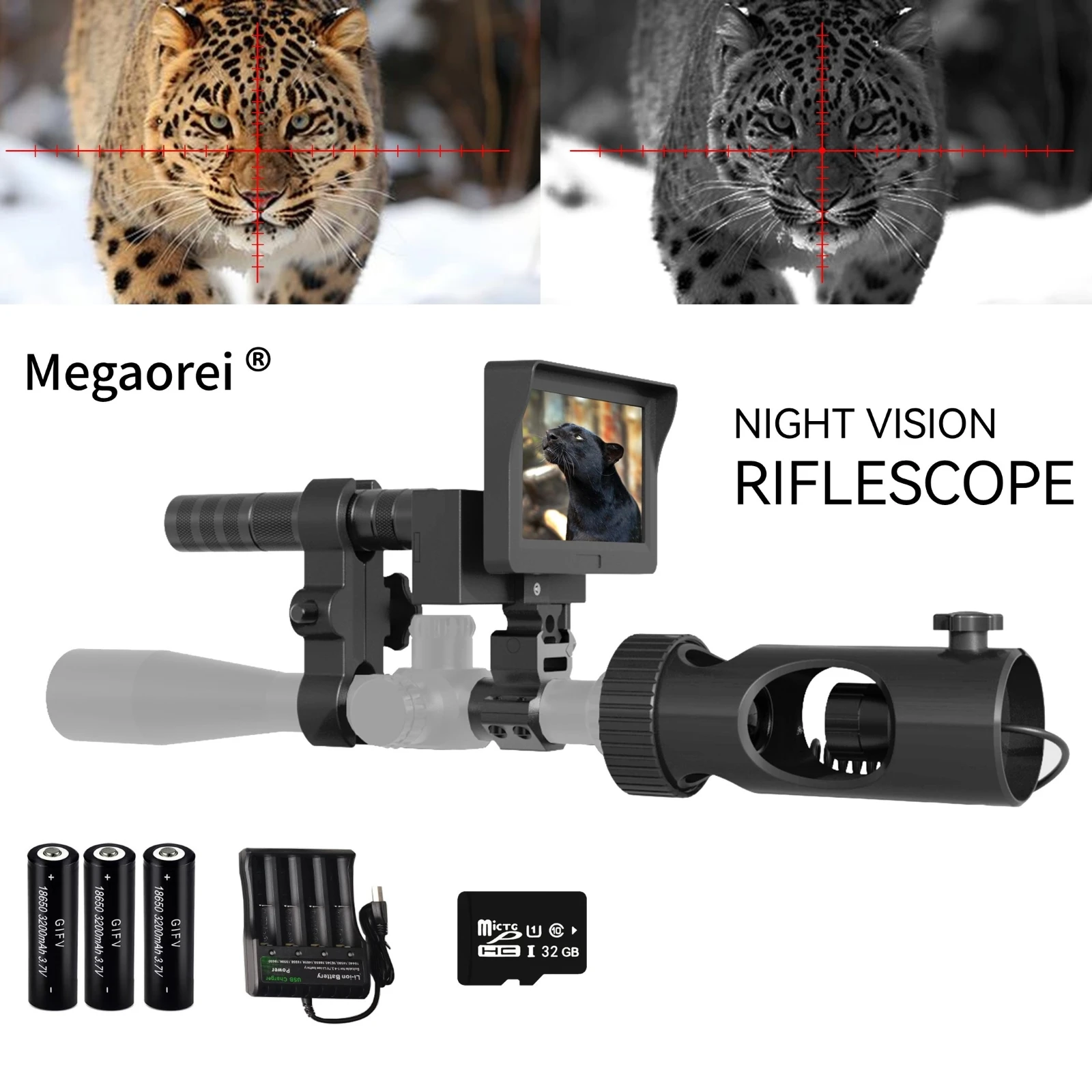 

Megaorei Night Vision Riflescopes HD 720P Video/Photo Recording Day/night 4.3 Inch Display 200-400M 850nm Laser IR for Hunting