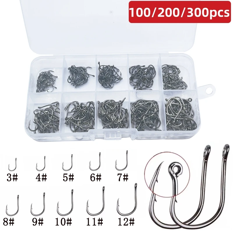 Brand new 100/200/300 pieces/box High quality carbon steel carp fishing bait Sharp fish hook 10 sizes available