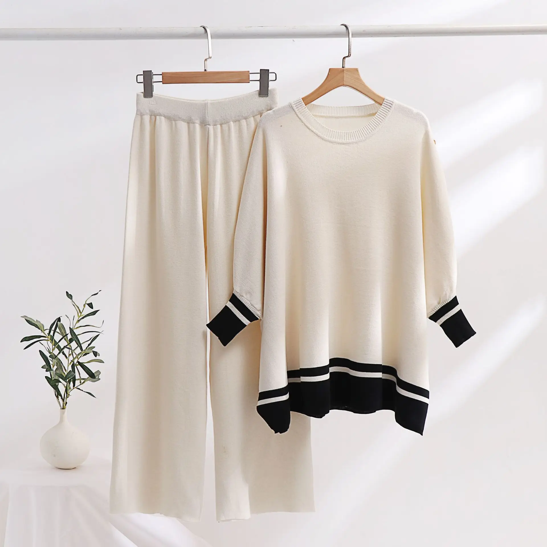 Women Two Piece Set Knit Sweater Full Sleeve Round Neck Sweaters Loose Solid Splice Wide Leg Pants Elastic Waist Casual