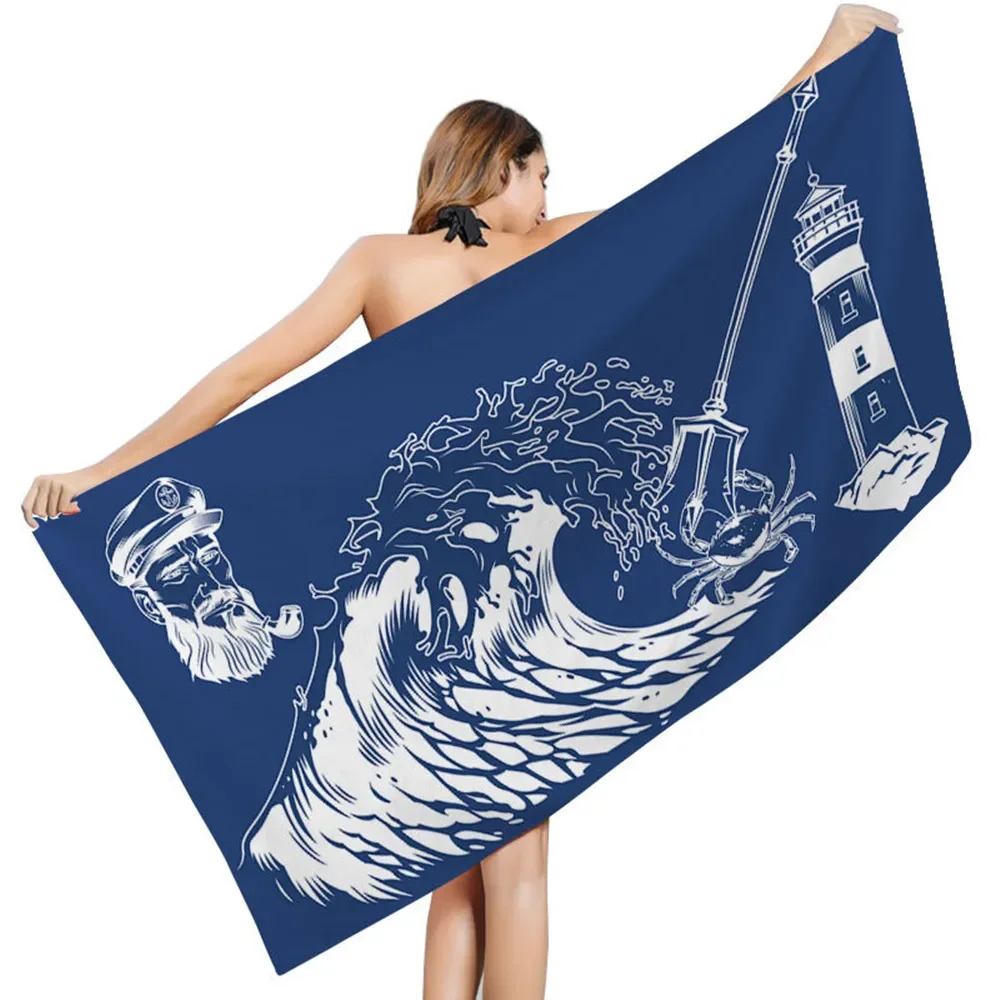 Boat Oar Anchor Blue Beach Towel Printed Lifebuoy Quick-Drying Microfiber Sand Free Tapestry Home Decoration Travel Women Men