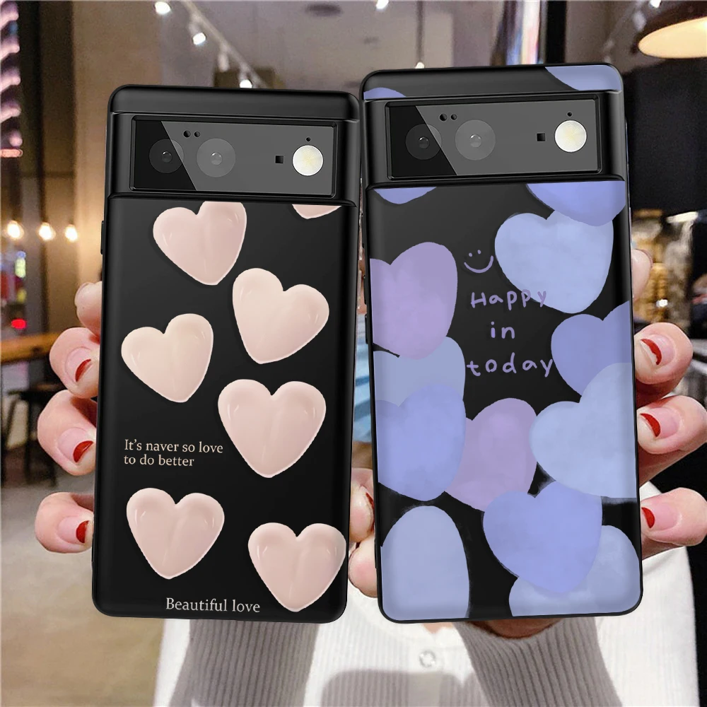 Black Phone Case For Google Pixel 7a 7 Pro Cartoon Heart Shape Cases For Pixel 6 6Pro 6a 5 5a 4XL 4 3XL 3a XL 4a Soft TPU Cover