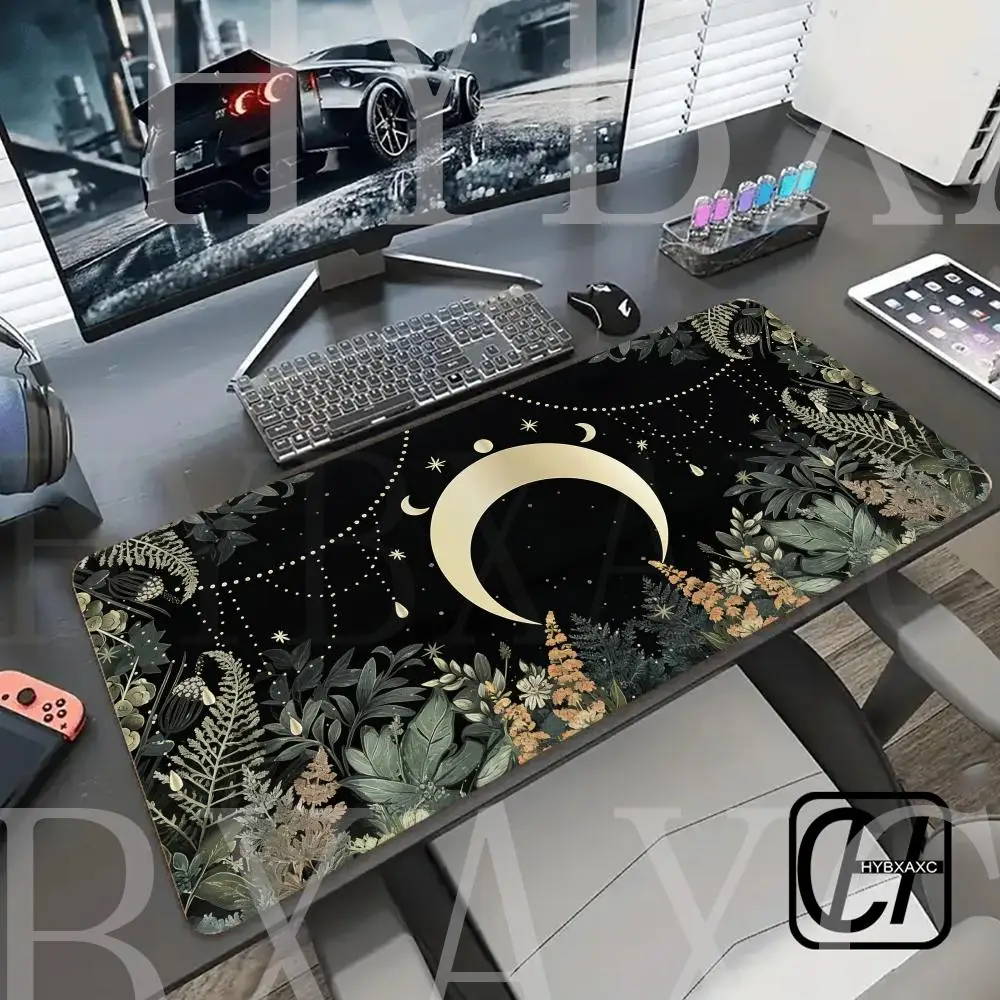 

Cute Green Forest Leaves Desk Mat Whimsical Moon Mousepad Extended HYBXAXC Mouse Pads Stitched Edges Computer Laptop Keyboard