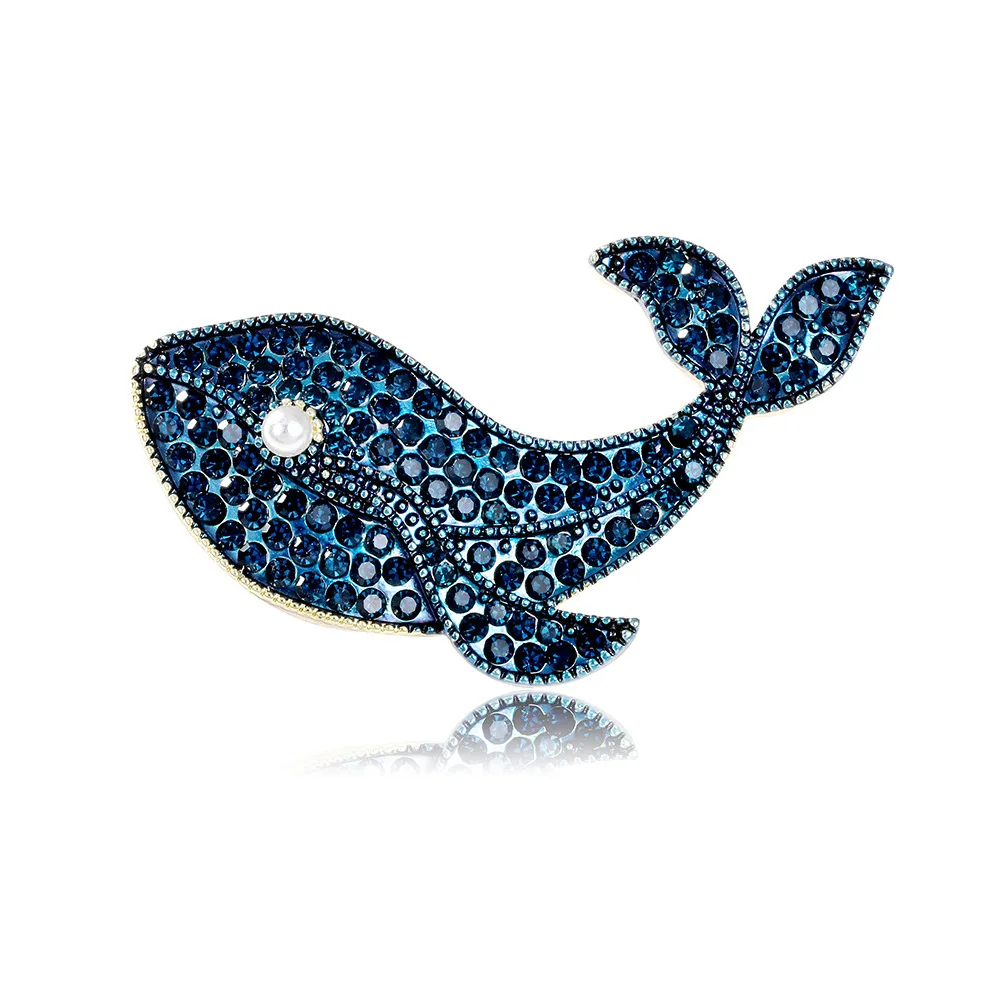 Broches criativos de Rhinestone Blue Whale para mulheres e homens, broche de luxo Pearl Animal, alfinetes de lapela, joalheria, moda retrô