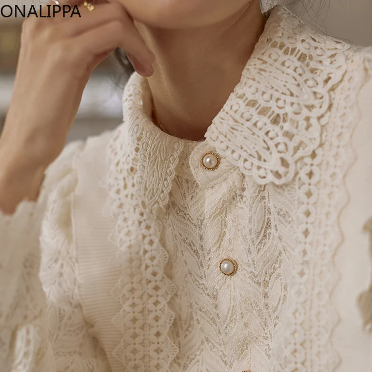 Onalippa Solid Hook Flower Lace Shirts Women Peter Pan Collar Single Breasted Bottoming Blouse Korean Puff Long Sleeves Tops