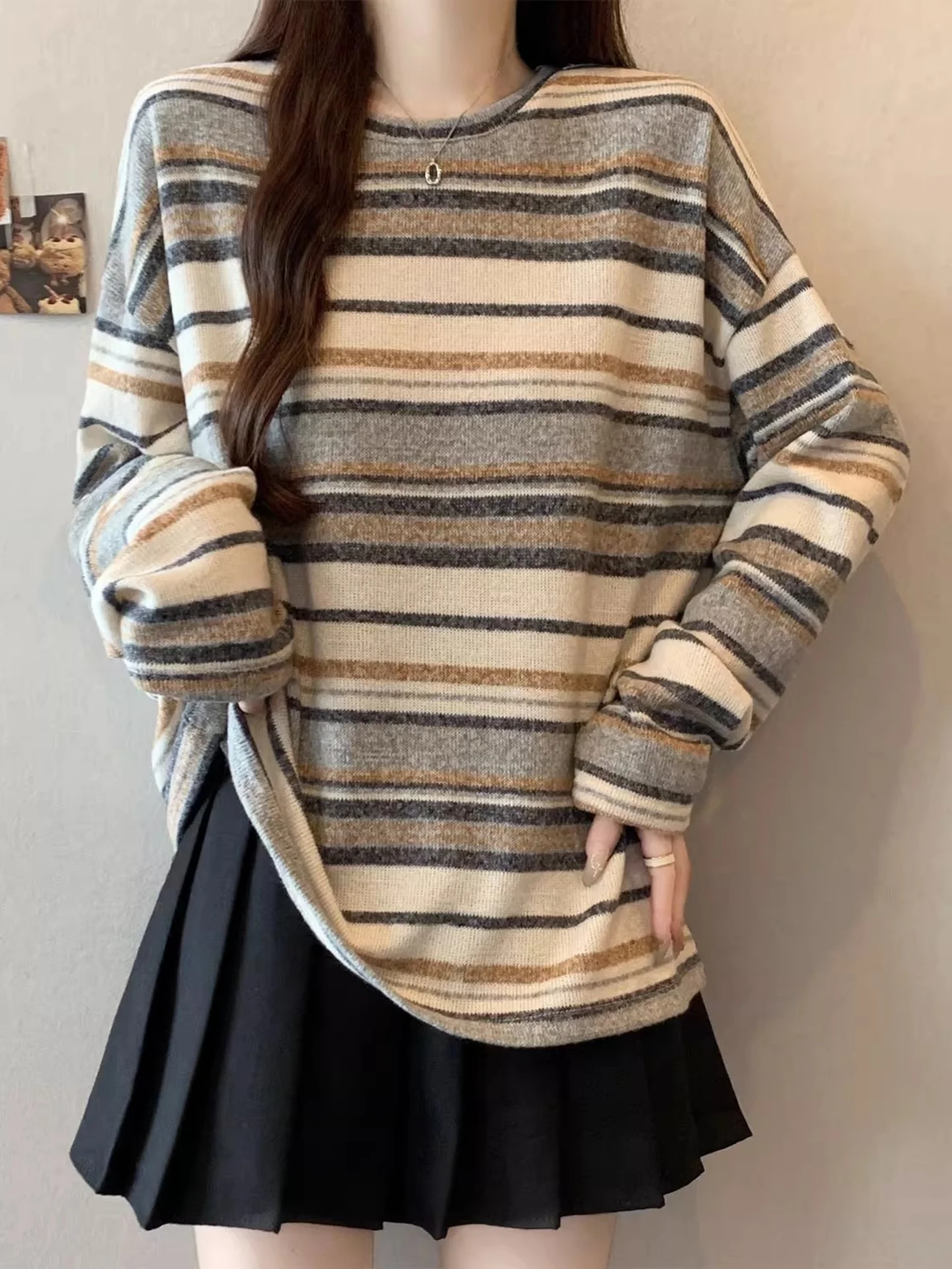 

Женский молодежный трикотажный топ Lazy Sle с круглым вырезом, в полоску, с длинными рукавами, весенний, больших размеров, скрывающий недостатки фигуры, с эффектом похудения