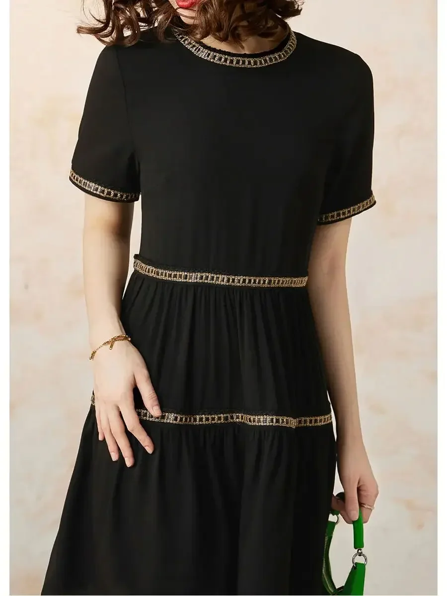 LOUIS YAO Women Dress 2024 Summer Casual Elegant Round Neck Short Sleeve Webbing Loose Fit A-LINE Black Short Dress