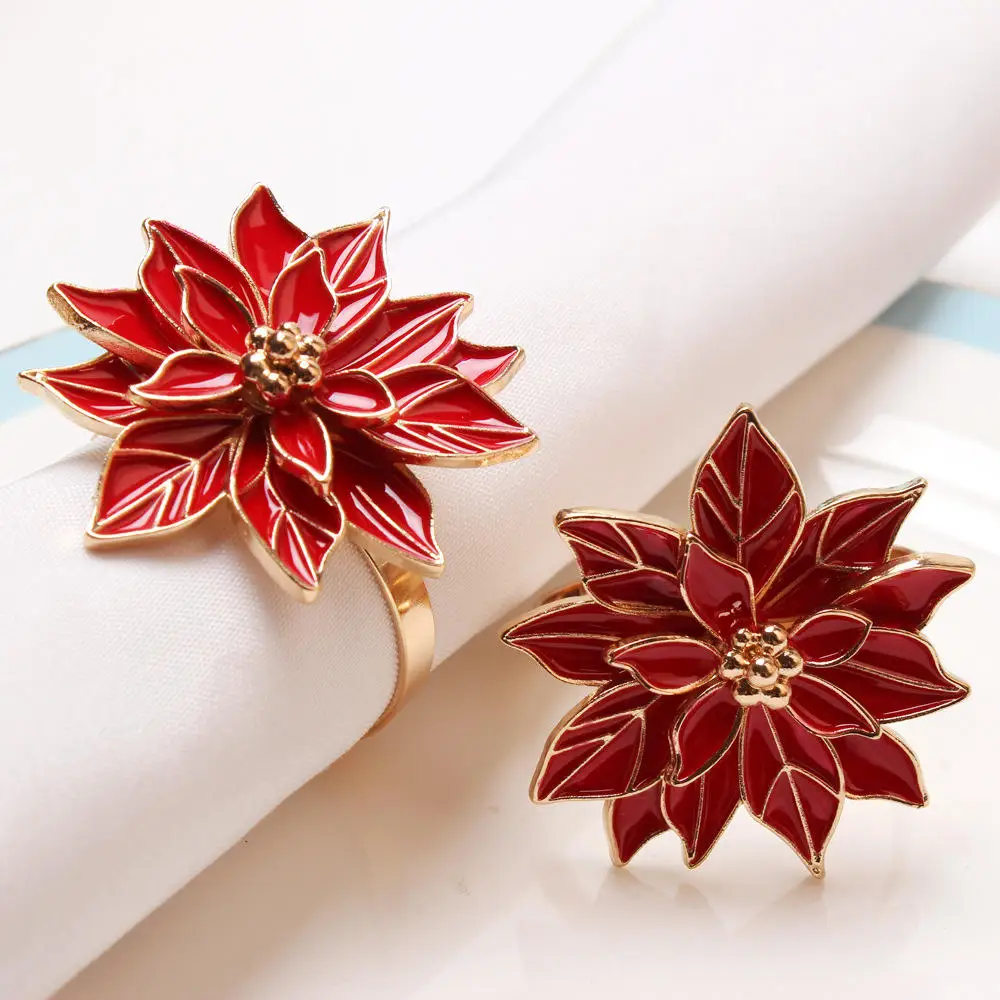 New Year Eve Home Table Decoration Christmas Tree Napkin Rings Red Christmas Flower Metal Napkin Buckle Tissue Ring 2026 Xmas