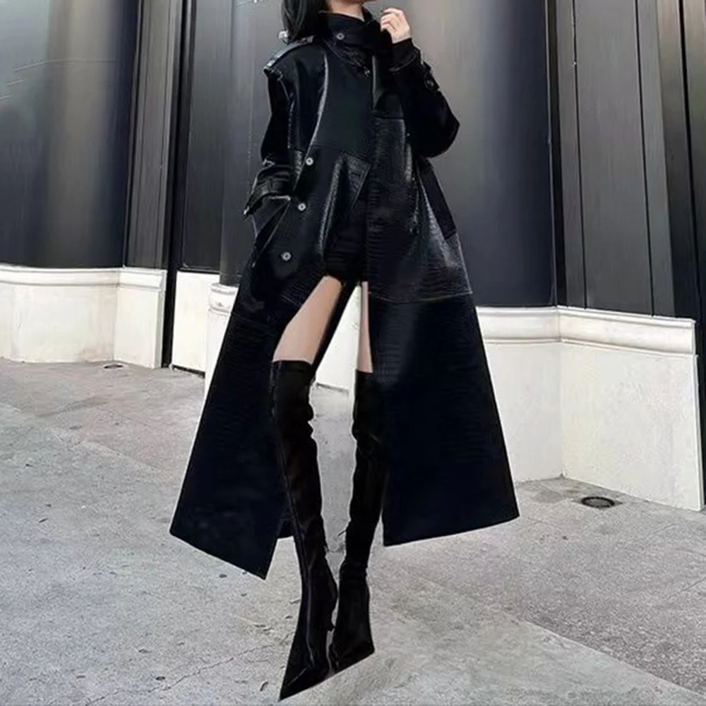 TWOTWINSTYLE Schwarz Gespleißt Spitze Up Grundlagen Graben Weibliche Revers Lange Hülse Lose Koreanische frauen Graben Herbst Mode Stil Neue