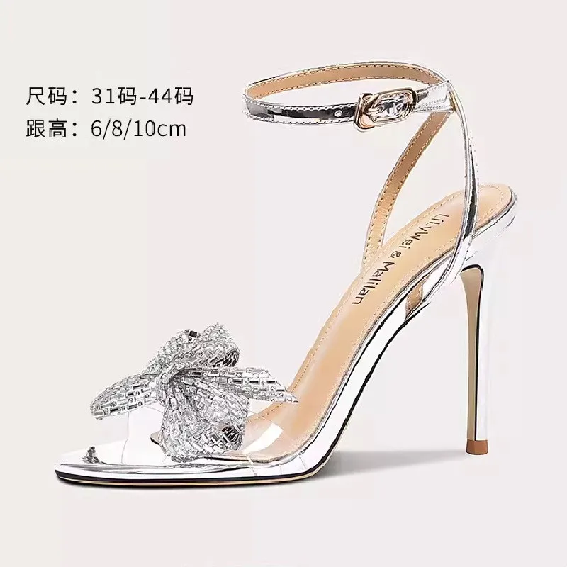 Summer New Round Toe Open Toe Rhinestone Pearl Lace Bow Sandals Slim High Heels Banquet Dress Large and Small Women's Shoes