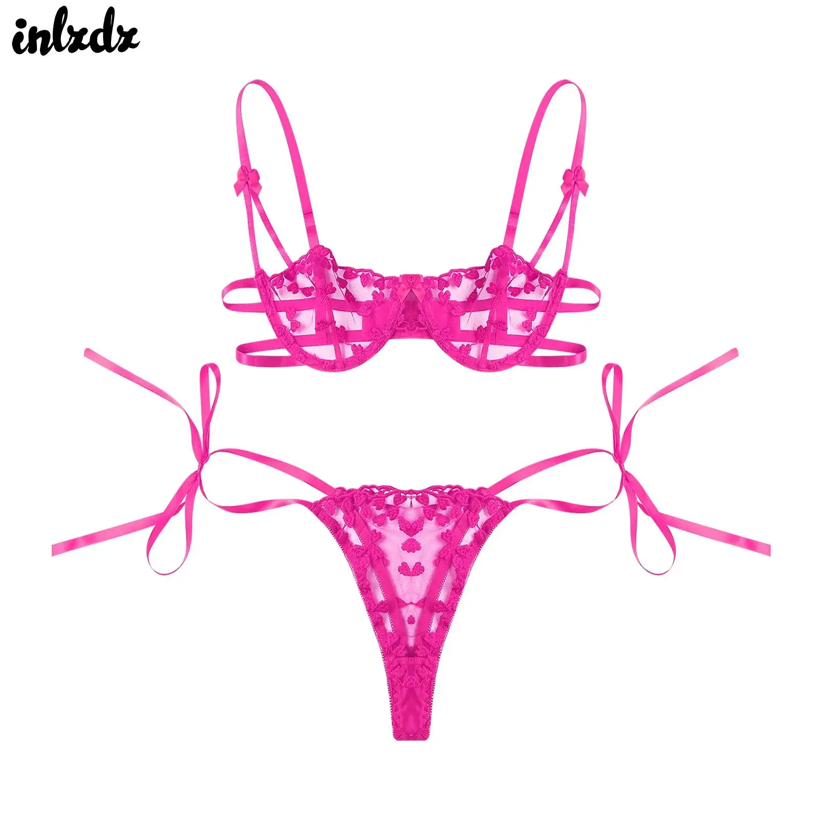 

Sexy Womens See Through Mesh Bra Tie Up Panty Underwear Set Embroidered Lace Wire Free Push Up Lace Bra with Side Tie Thongs