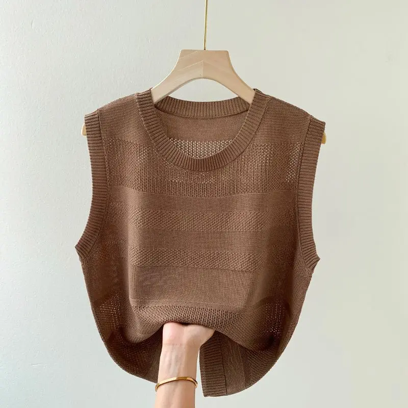 Ice Silk Vest Round Neck Hollow Suspender for Women in Summer Retro Age-reducing Outer Sleeveless Top Trendy
