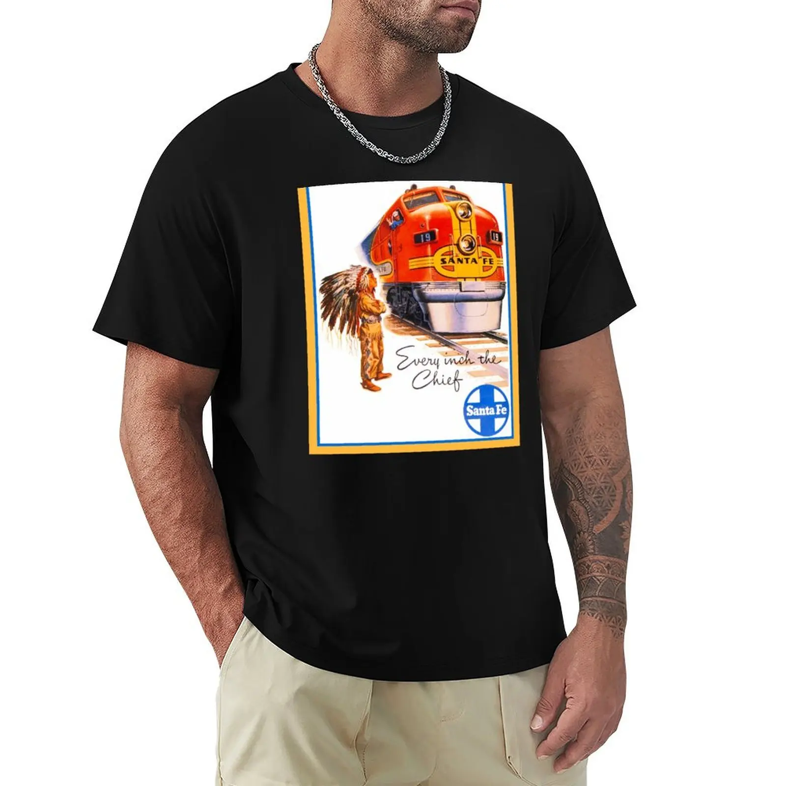 Santa Fe Chief train streamliner ad retro vintage T-Shirt Casual Loose Short Sleeve Tee for Men