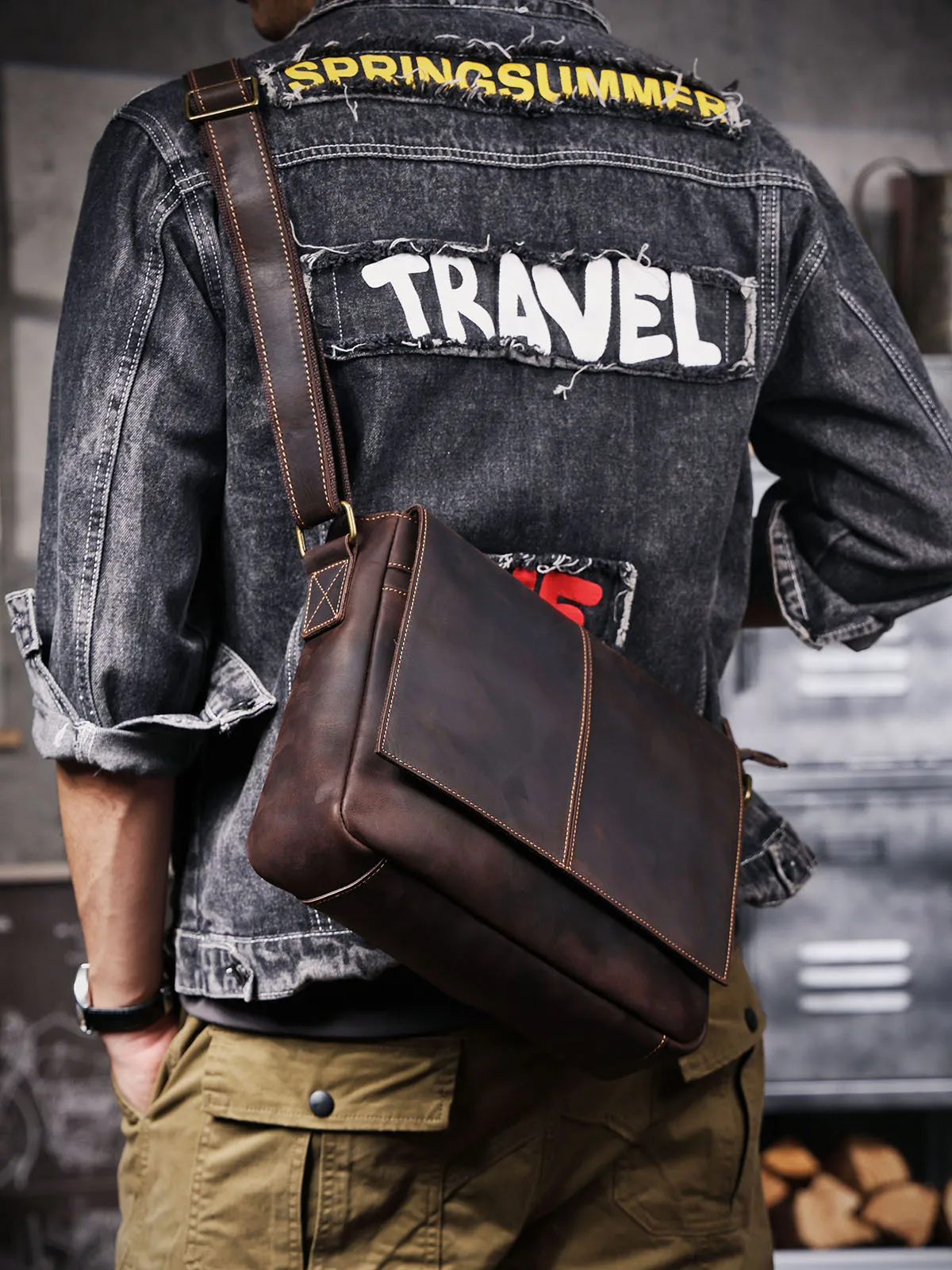 

Business vintage crazy horse cowhide men's messenger bag simple casual outdoor commuting handmade genuine leather shoulder bag