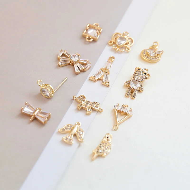 6pcs Micro-inlaid Zircon Heart Bear Bird Swallow Tower Pendant Diy Handmade Earrings Necklace Material Charms For Jewelry