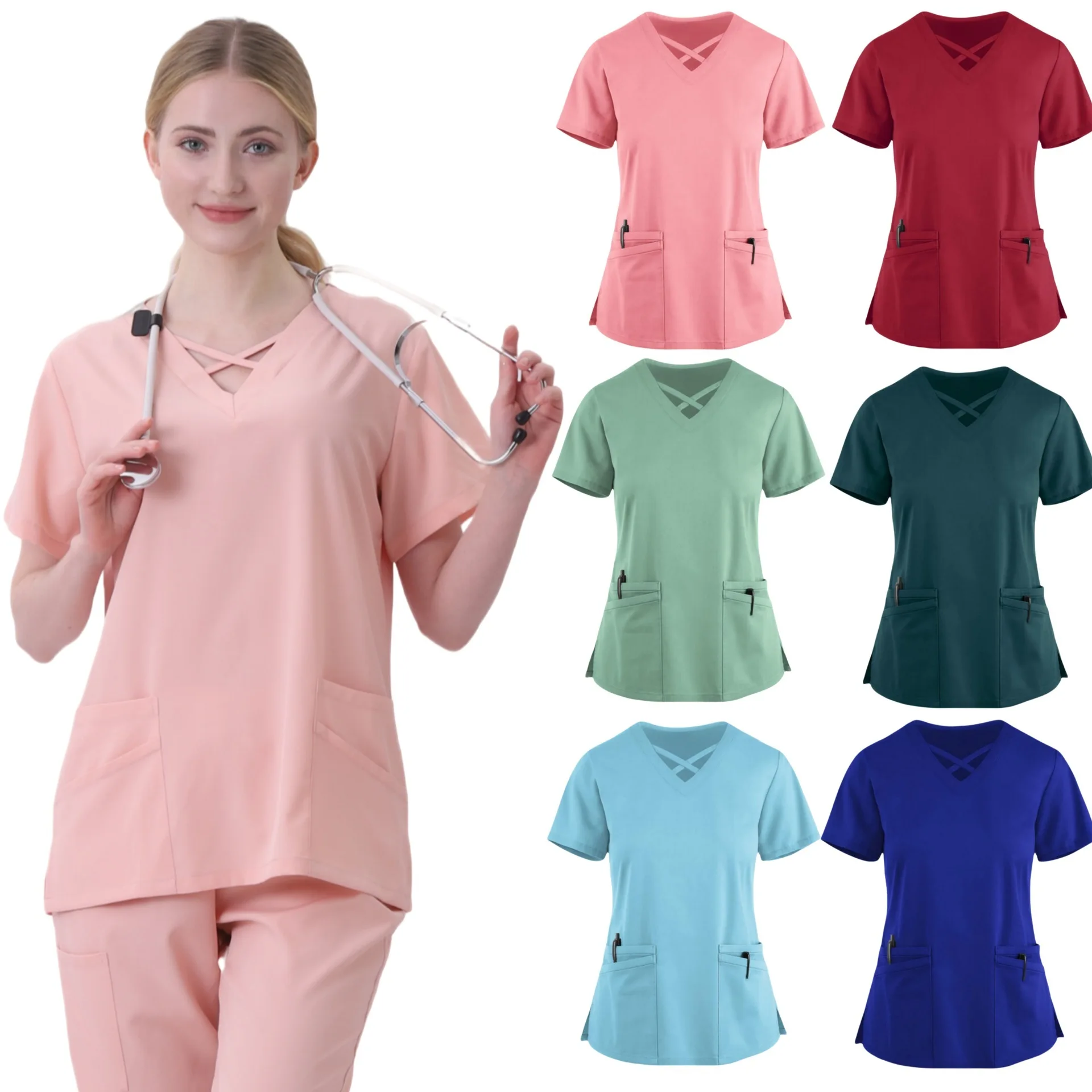 Solid Color Tops Pet Hospital Uniform Surgical Gown Pocket V-Neck Scrub Top For Joggers Nurse Uniforms Women