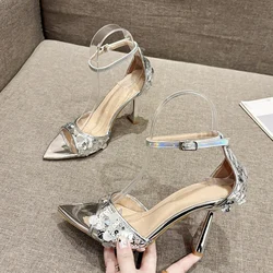 Liyke Fashion Glitter Fish Fillet Cover Strap Sandals Women Solid Silver Pointed Toe Thin High Heels Summer Party Dress Shoes