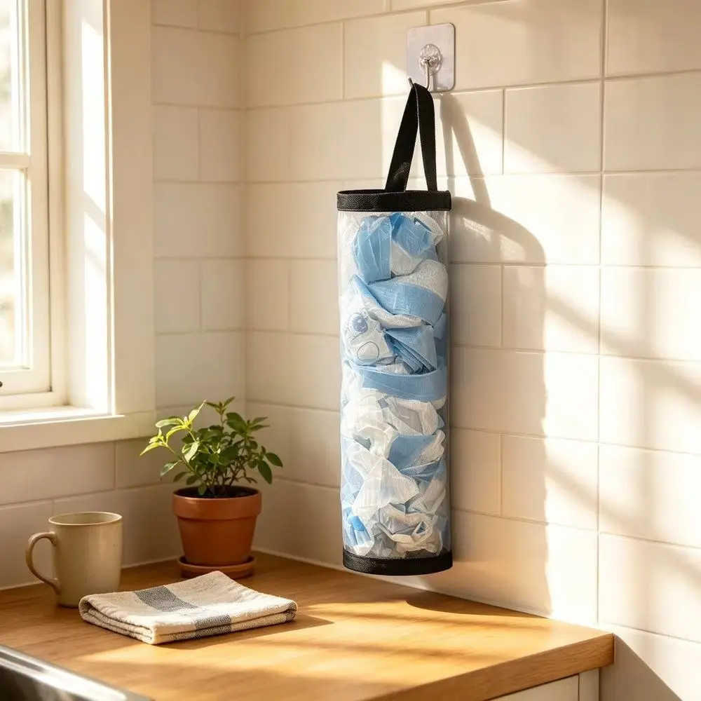 Wall Mount Mesh Grocery Bag Dispenser Breathable Plastic Bag Storage Holder for Bathroom Kitchen Reusable Shopping Bag Keeper
