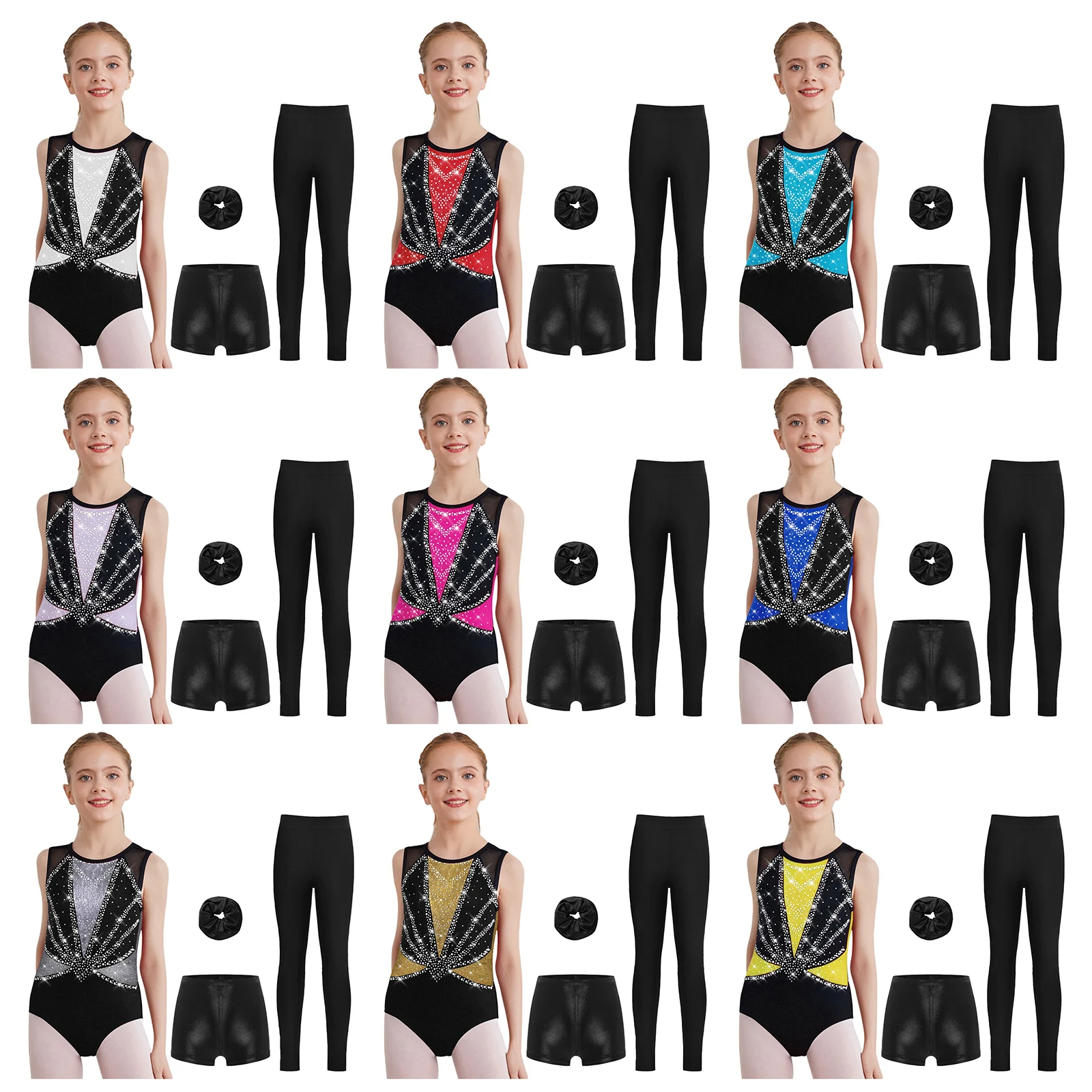 Conjuntos de ginástica de balé roupa esportiva para crianças meninas patinação artística roupa de dança collant com shorts leggings faixa de cabelo sem mangas