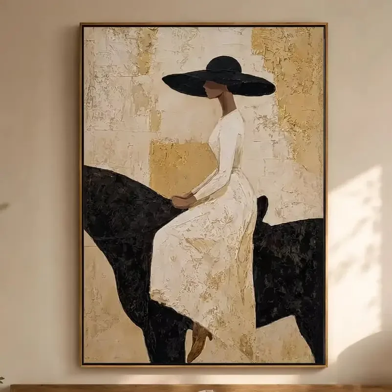 (No frame)The White Rider – Vintage Americana Elegant Woman on Black Horse Painting | Canvas Wall Printfor Bedroom, Living Ro