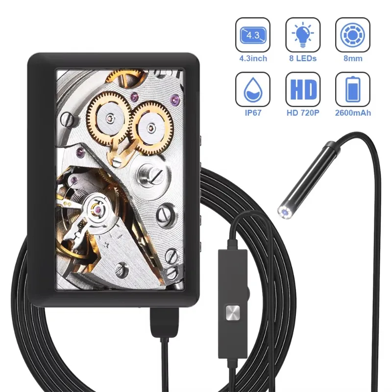 กล้องเอ็นโดสโคปอุตสาหกรรมแบบท่อ 8 มม. HD 1080P กึ่งแข็ง 2 เมตร พร้อมหน้าจอ 4.3 นิ้ว กล้องเอ็นโดสโคปแบบพกพา