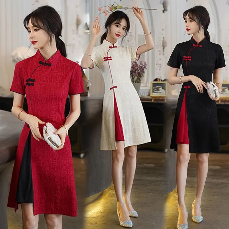 

Vintage Chinese Traditional Casual Party Women Qipao Dress Summer Stand Collar Short Sleeve Cheongsam