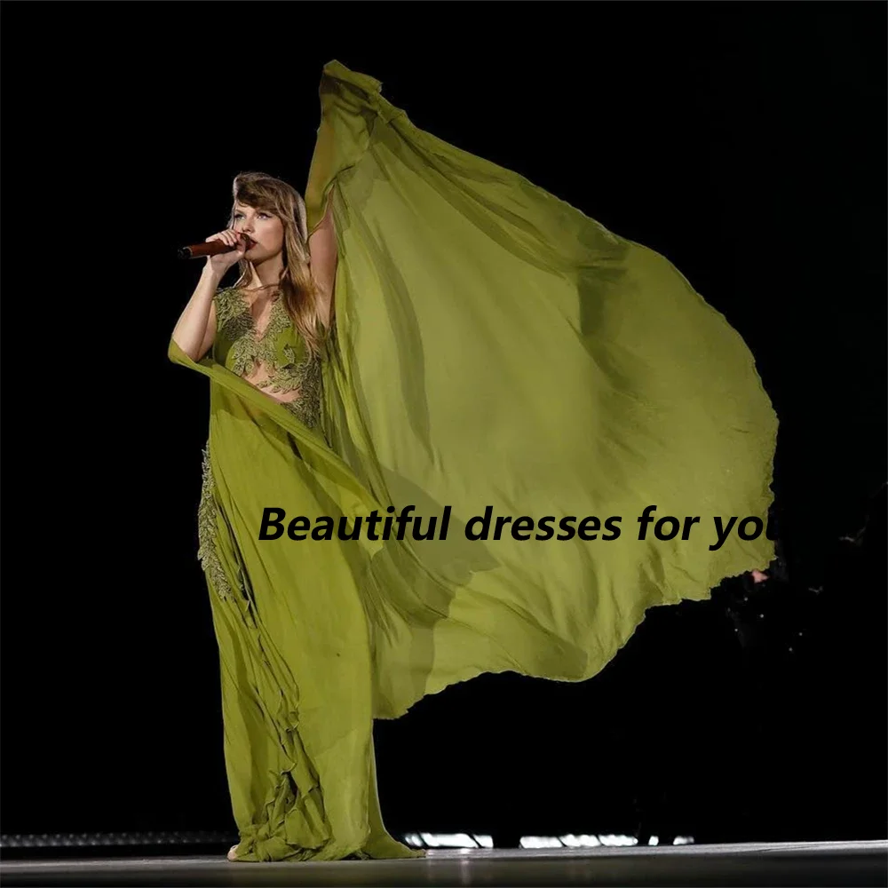 فستان سهرة مزين بالورقة الخضراء على شكل حرف v وأكمام طويلة فساتين سهرة مخصصة على شكل حرف A متدرجة بأربطة من الخلف للحفلات الراقصة