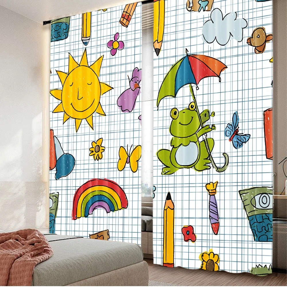 2D flat printing 2pcs Curtain Colorful Doodle Digital Printed Polyester Drapes Festive Holiday for New Year and Carnival Party