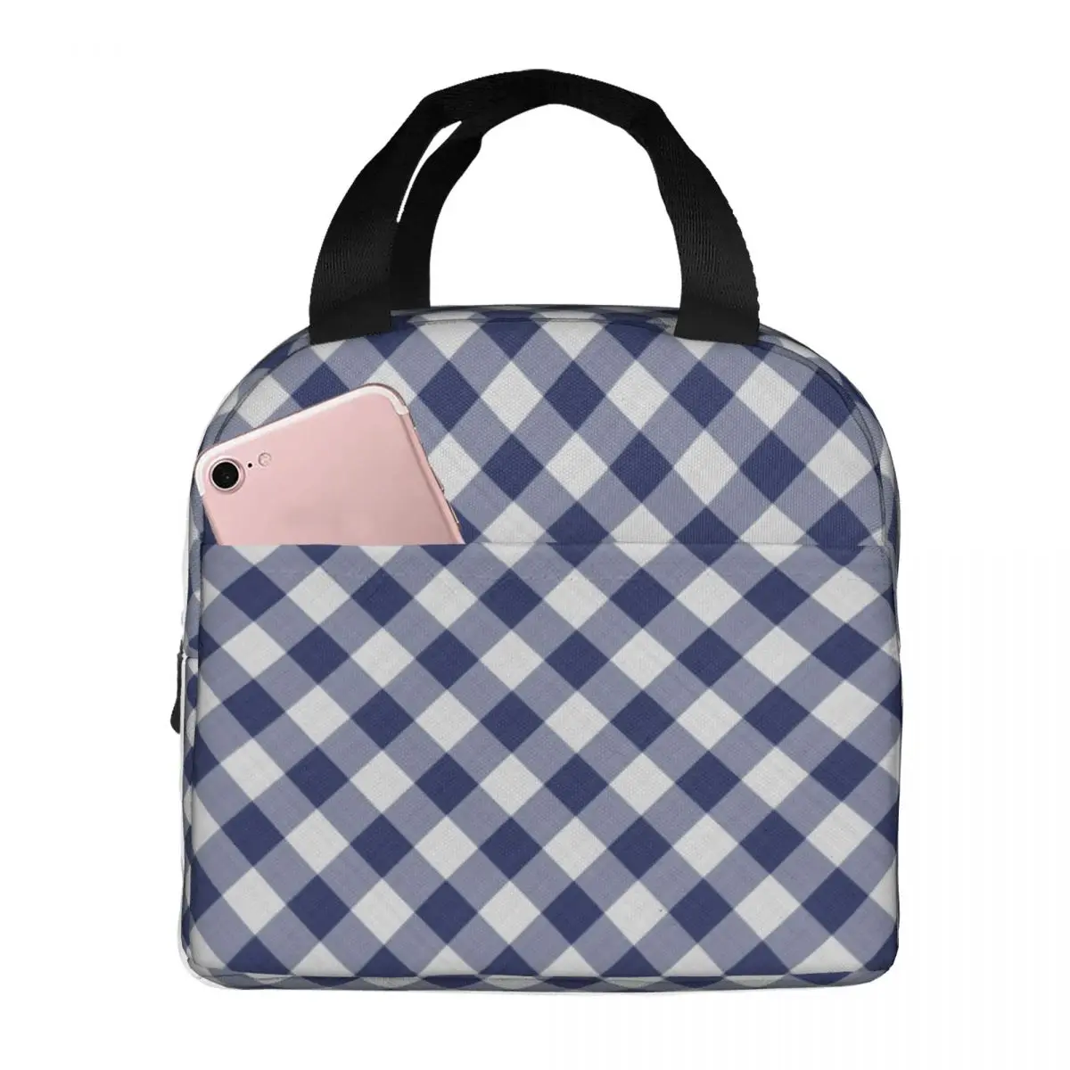 

Lunch Bags for Women Kids Navy Blue White Gingham Checks Thermal Cooler Waterproof Picnic Oxford Tote Food Storage Bags