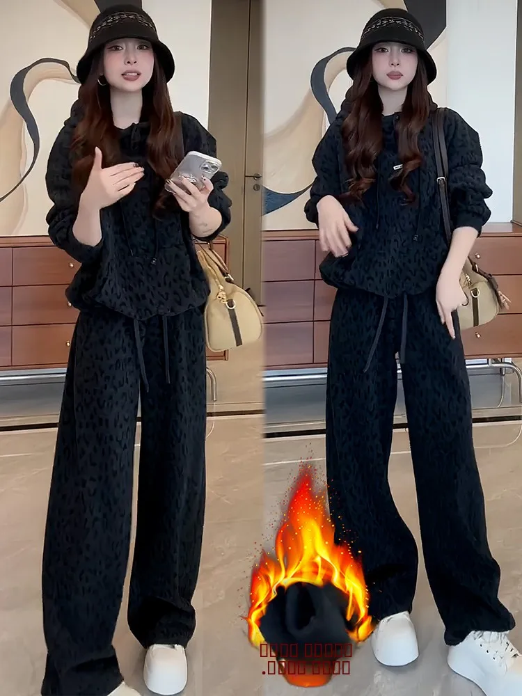 Laid-ba Set di abbigliamento sportivo da donna a vita alta pantaloni a gamba larga felpa con cappuccio in due pezzi inverno Faion casual confortevole caldo Thiened