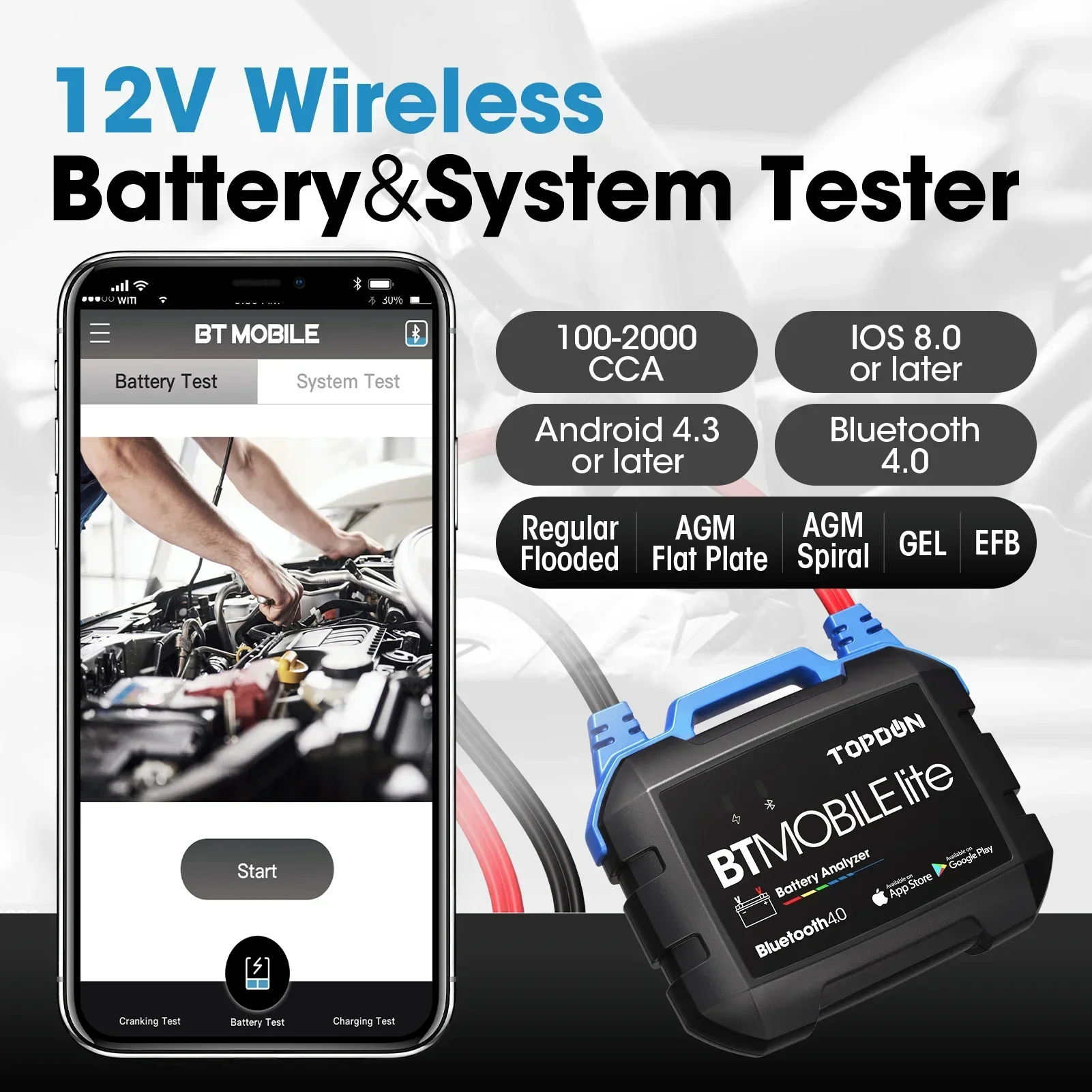 TOPDON BTMobile Lite Portable Mini Automatic Truck Motorcycle Safety12V Car Battery Tester Analyzer