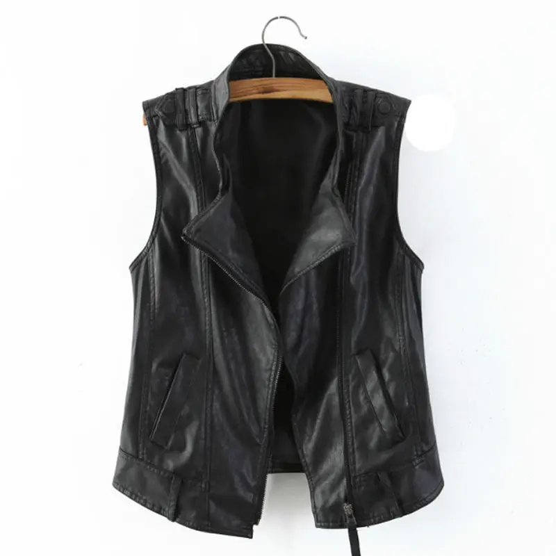 Woman Black Leather Vests Autumn Winter Zipper Motorcycle Biker Pu Leather Jackets Ladies All Match PU Leather Waistcoat A179