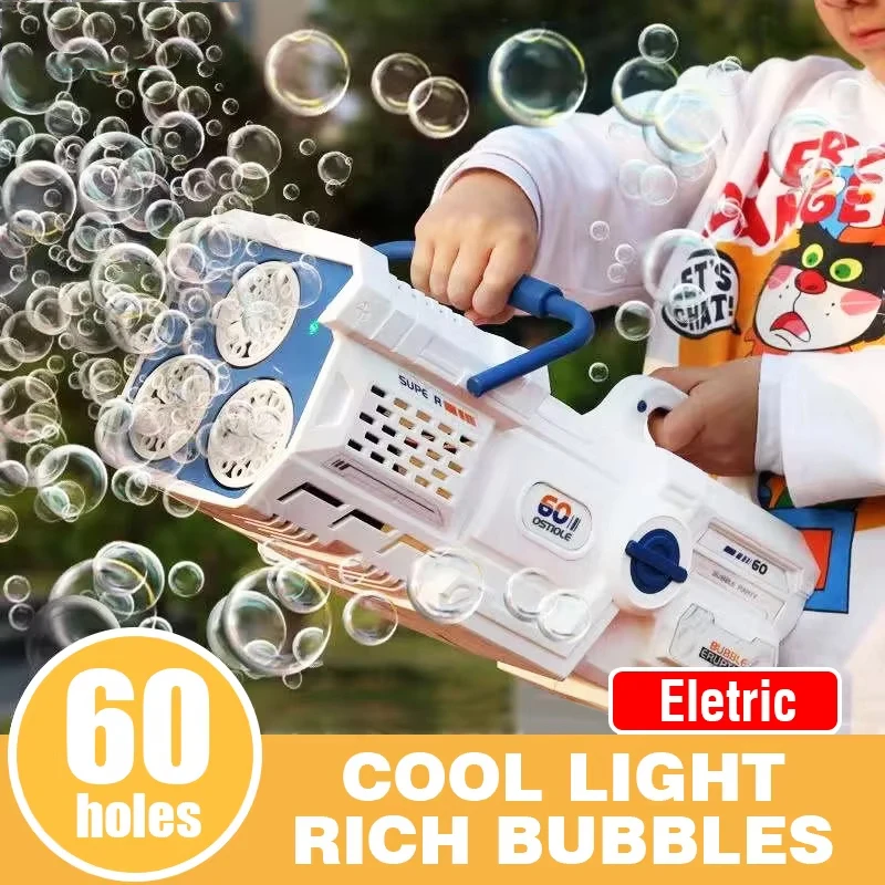 Pistolet à bulles électrique automatique à 60 trous, souffleur de bulles de savon, Machine magique, jouet de fête de bain en plein air, lumière LED, cadeaux pour la journée des enfants