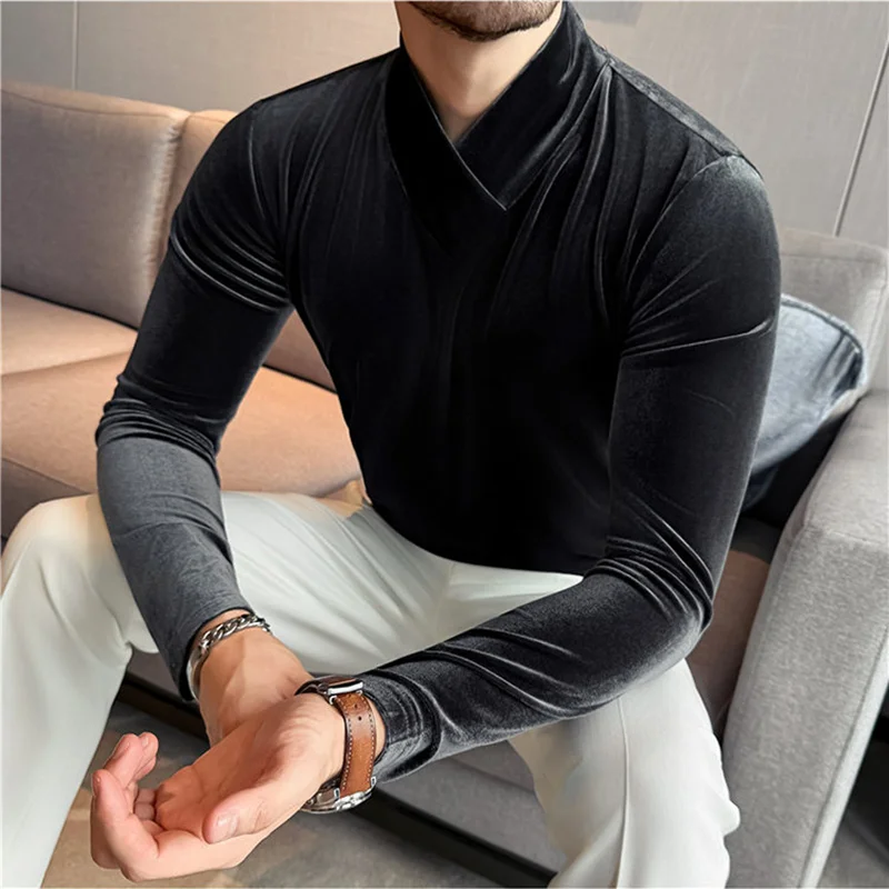 

Осень-зима, новая модная бархатная футболка с v-образным вырезом, мужская облегающая футболка с длинными рукавами, повседневная эластичная теплая футболка, мужская одежда