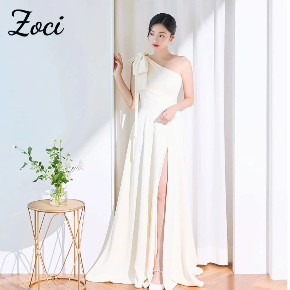 

Zoci Sexy One Shoulder Korea Wedding Dresses High Side Split Photos Shoot Party Gown Customized Big Bow Bride Receptions Dresses