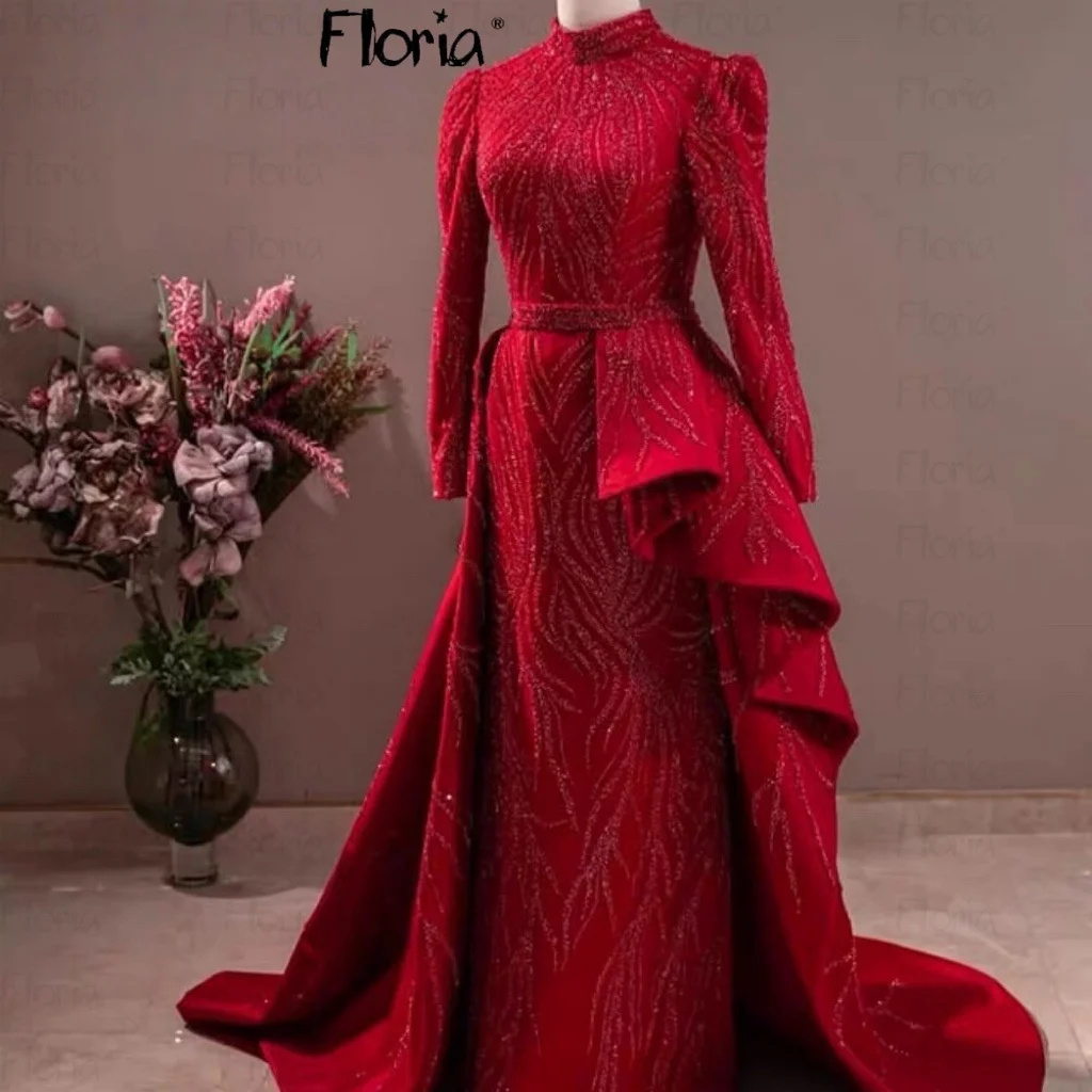 

Red Luxury Muslim Engagement Party Dress Turtle Neck With Detachable Train Wedding Events Prom Dresses Customized Celebrity Gown