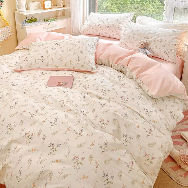 Ins Pink Flowers Bedding Set Fashion Flat Sheet Duvet Cover No Filling Pillowcase Twin Full Queen Nordic Boy Girl Bed Linen