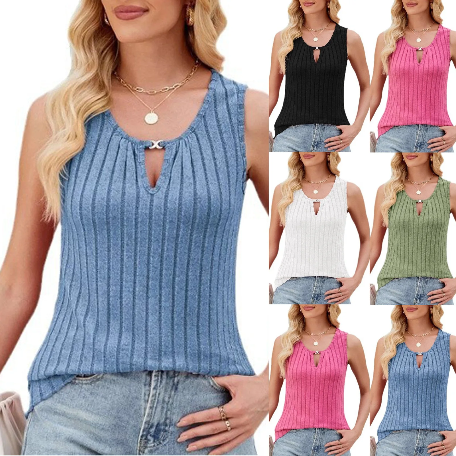 

Women's Casual Tank Tops Button Front Sleeveless Blouses Female Solid Color Round Neck Ribbed Summer Vest Knitted Fabric T-Shirt